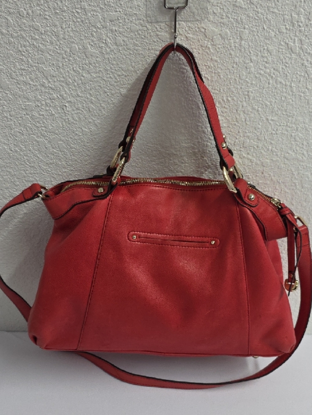 B. Makowsky Red Genuine Leather Shoulder Bag Gold Hardware Crossbody Purse - Picture 2 of 16